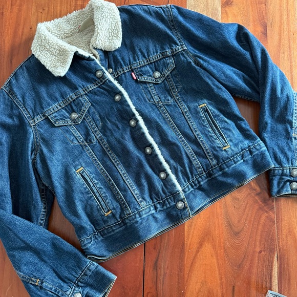 Kids Levi's Blue Denim Jacket with Cream Sherpa Collar